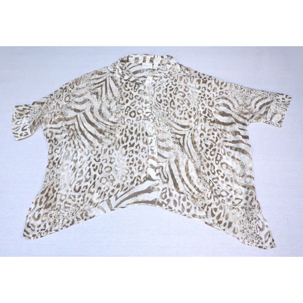 Chicos Womens 1 Sheer Animal Print Button Up Blouse Cream Taupe Handkerchief Hem